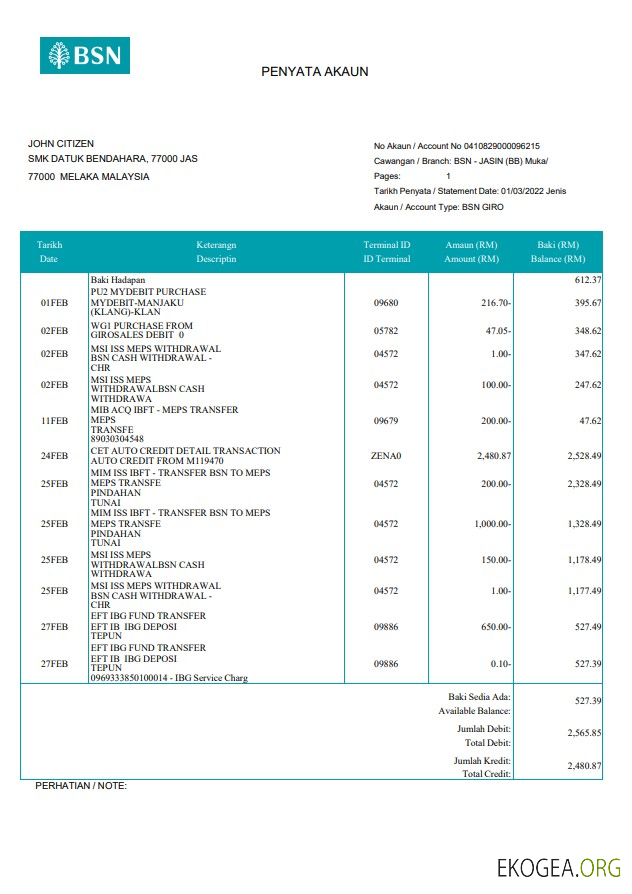 Relevé bancaire BSN de Malaisie